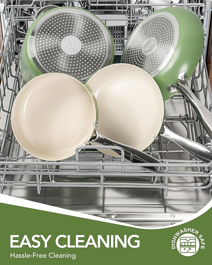MICHELANGELO Pots and Pans Set Non Stick - Titanium Cookware Set Non Toxic Ceramic Coating, 8-Pcs Nonstick Pots and Pans with Ergonomic Handle, Dishwasher Safe & Induction Compatible, Green - Image 5