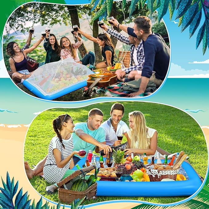 Leitee 3 Pcs Inflatable Serving Bar Kit Includes Salad Buffet Tray with Drain Plug Mesh Food Cover Food Drink Containers and Inflator for Ice Supplies Halloween Party Camping Picnic(Blue)