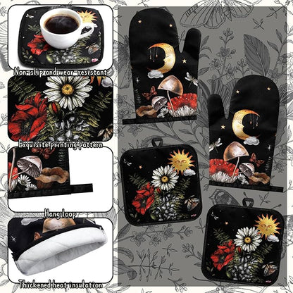 12 Pcs Black Witchy Kitchen Decor Set 4 Mushroom Kitchentowels 4 Absorbent Dishcloths 2 Sun Moon Star Oven Mitts Gloves 2 Butterfly Rustic Pot Holders Sets for Home Decorations Mom Gifts