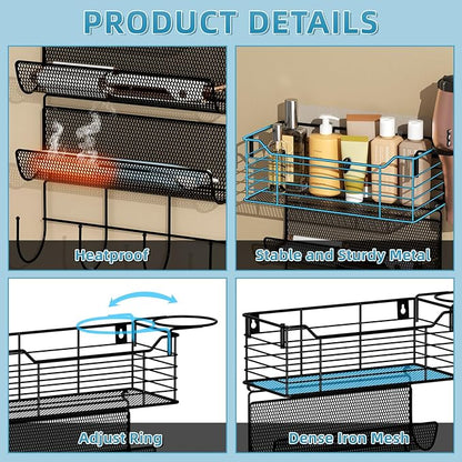 VITVITI Metal Hair Tool Organizer Wall Mount, Hair Dryer Holder with 4 Tier Shelf Basket Hooks, Bathroom Styling Tool Organizer for Curling Iron/Blow Dryer/Straightener, Matte Black