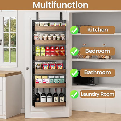 POKIPO 6 Tier Over The Door Pantry Organizer, 2-in-1 Door Hanging or Wall Mounted Spice Rack, Large Heavy Duty Pantry Door Storage Seasoning Shelves with Adjustable Basket for Kitchen Bathroom Closet - Image 6
