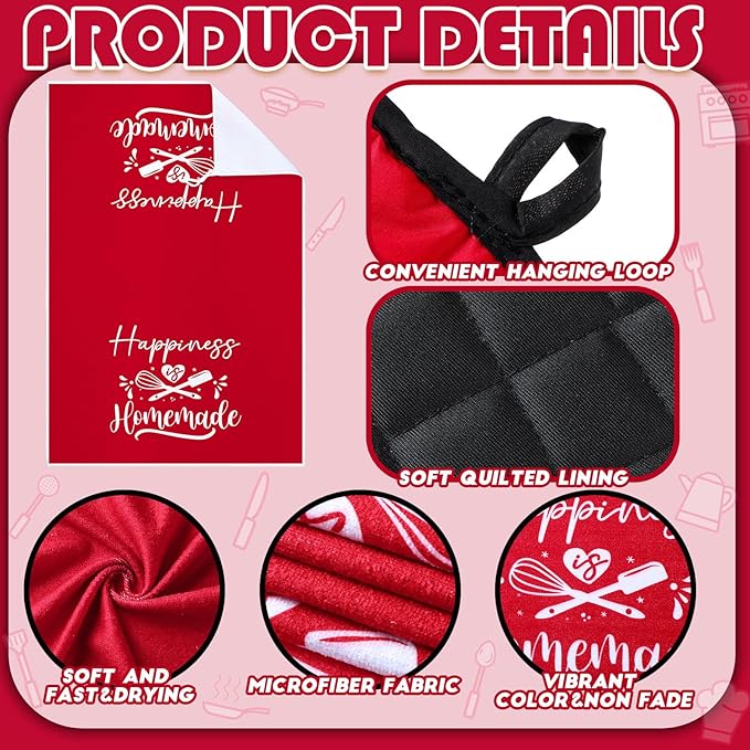 Sratte 6 Pcs Kitchen Decor Accessories Set Farmhouse Towels Pot Holders Oven Mitts Set 2 Dish Towels 2 Potholders 2 Cooking Mittens Oven Glove for Christmas Baking Cooking Supply(Red,Kitchen) - Image 6