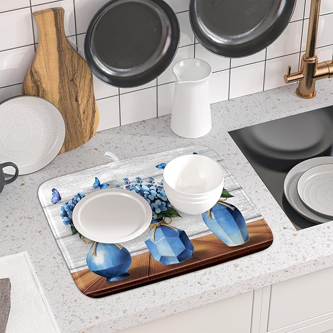 Giwawa Blue Hydrangea Dish Drying Mat for Kitchen Vintage Wood Board Floral Butterfly Dish Drainer Mats 16x18inch Rustic Flowers Dish Drying Rack Pad Protector for Countertop Dining Decor