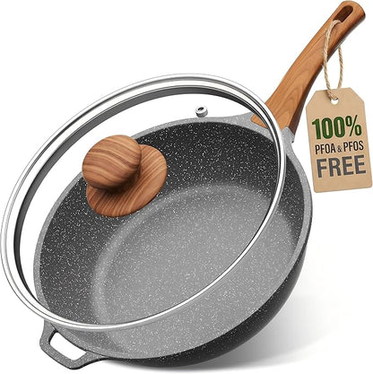 YASHE 12 Inch Nonstick Saute Pan with Glass Lid, 5 QT Large Deep Skillet & Frying Pan, Healthy Granite Stone Cookware for Family, One Pan Replaces Five, Induction Compatible, PFOA Free
