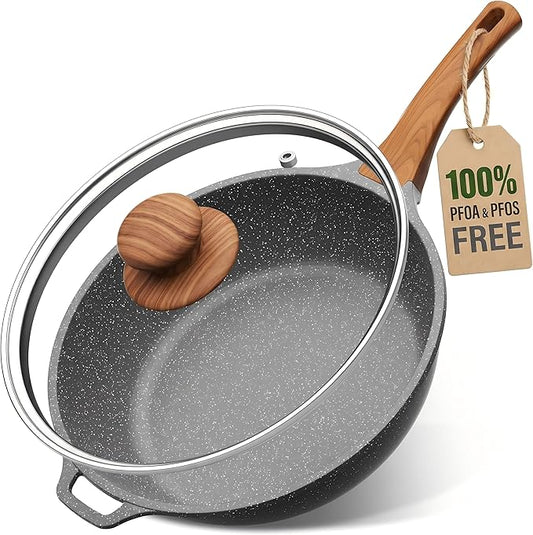 YASHE 12 Inch Nonstick Saute Pan with Glass Lid, 5 QT Large Deep Skillet & Frying Pan, Healthy Granite Stone Cookware for Family, One Pan Replaces Five, Induction Compatible, PFOA Free