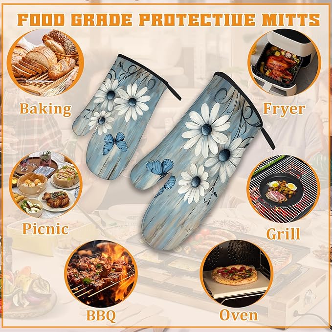 Blue Butterfly Oven Mitts and Pot Holders,Vintage Daisy Wooden Heat Resistant Oven Mitts Gloves and Pot Holder for Home Kitchen Decorations Cooking Baking BBQ Gifts,Set of 4