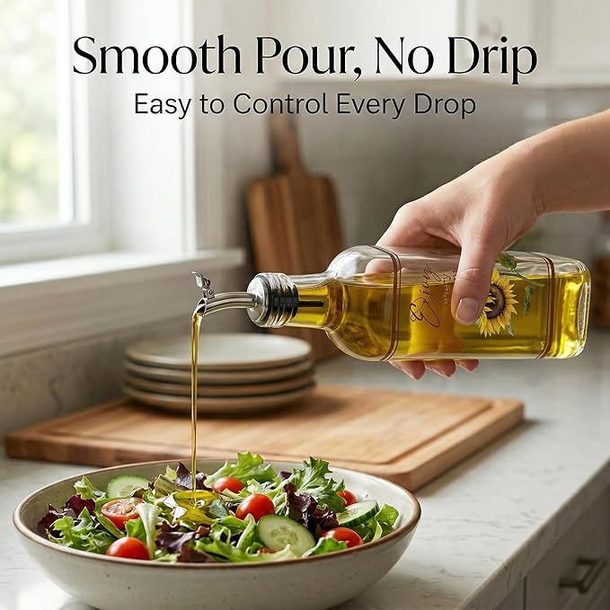 Topadorn 17 oz Olive Oil Dispenser Bottle Set for Kitchen, 2 Pcs Glass Oil Dispenser Bottle with Stainless Steel Pourers, 2 Packs of Napkins, Sunflower