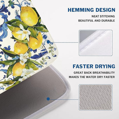 Lemon Dish Drying Mat 24x18 Inch, Blue Tiles Drying Mat with Absorbent Reversible Microfiber, Italian Olive Tree Dish Drainer Mats Summer Rack Pad for Coffee Countertop Kitchen Protector