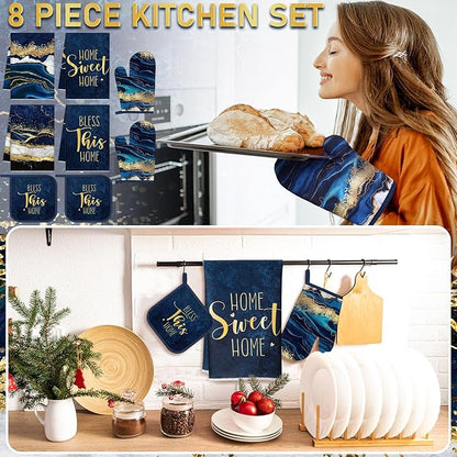 Leinuosen 8 Pcs Blue Marble Kitchen Decor Dish Towels and Oven Mitts Sets Pot Holders and Dishcloths Farmhouse Kitchen Accessories Decorative Set for Chef Baking Cooking Daughter Mom Gift