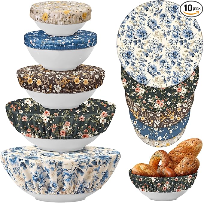 Patelai 10 Pcs Bowl Covers Reusable in 5 Size Stretch Cloth Fabric Elastic Food Storage Bowl Covers Bread Sourdough Lids for Proofing Food Fruits Leftover(Dark Color,Floral Print Style) by Patelai