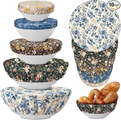 Patelai 10 Pcs Bowl Covers Reusable in 5 Size Stretch Cloth Fabric Elastic Food Storage Bowl Covers Bread Sourdough Lids for Proofing Food Fruits Leftover(Dark Color,Floral Print Style) by Patelai