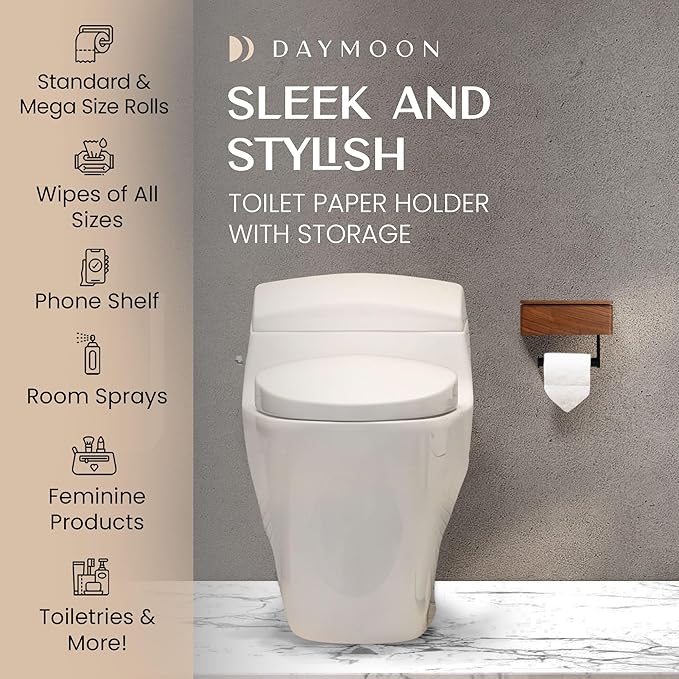 Day Moon™ - Toilet Paper Holder with Shelf - Modern Roll Holder for Bathroom - 1 Pack - Wall Mount - with Storage, Wood - Image 3