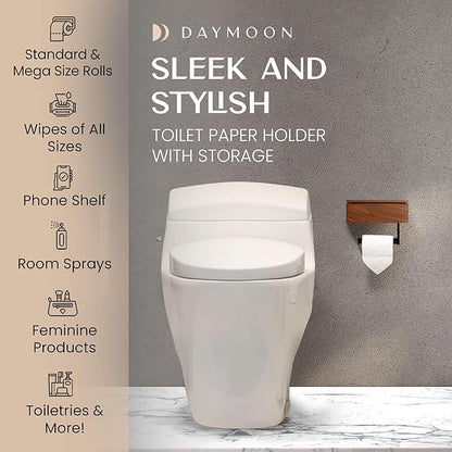 Day Moon™ - Toilet Paper Holder with Shelf - Modern Roll Holder for Bathroom - 1 Pack - Wall Mount - with Storage, Wood - Image 3