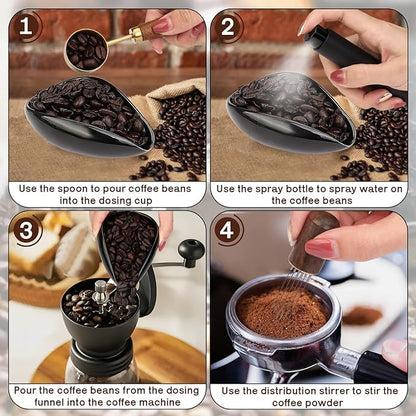 4Pcs Coffee Bean Dosing Cup, Spray Bottle, Spoon and Stirrer Tool Set, Coffee Bar Accessories Ceramic Espresso Dosing Funnel Spray Bottle for Reducing Coffee Static, Coffee Lover Gift (Black)