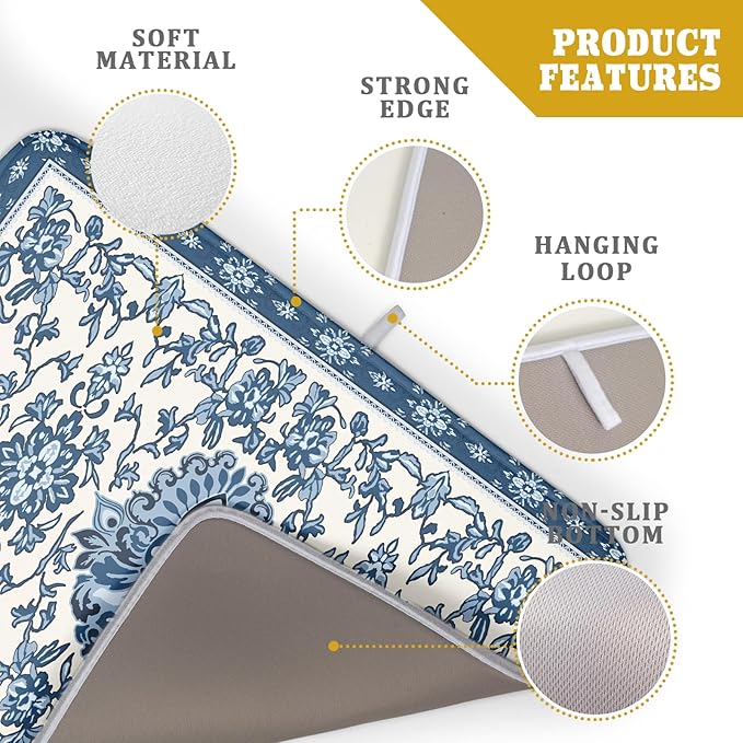 Boho Floral Blue Dish Drying Mat for Kitchen Counter 18x24 Vintage Chinoiserie Flower Print Absorbent Reversible Microfiber Drying Mats Kitchen Countertop Protector Dishes Drainer Rack Pad - Image 4