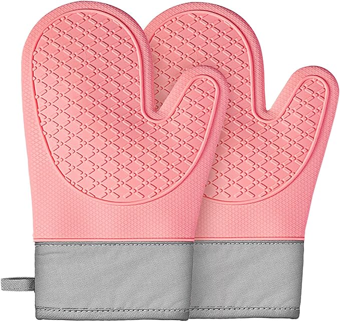 Silicone Oven Mitts (2 PCS), Waterproof Non Slip Grip Oven Gloves with Thick Soft Cotton Lining, Universal Fit Heat Resistant Kitchen Gloves for Baking, BBQ, Cooking and Grilling-Pink