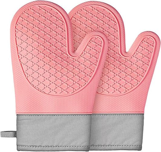 Silicone Oven Mitts (2 PCS), Waterproof Non Slip Grip Oven Gloves with Thick Soft Cotton Lining, Universal Fit Heat Resistant Kitchen Gloves for Baking, BBQ, Cooking and Grilling-Pink