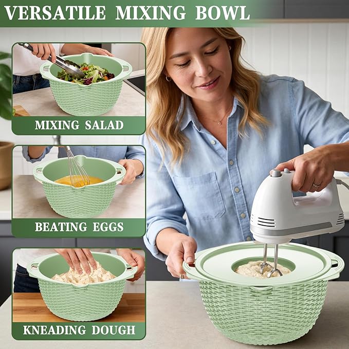 4-1 Colander with Fruit Bowl Set - Colander for Kitchen, Rotatable Strainers and Colanders(Patented), Pasta Strainer with New Upgraded Graters for Fruit, Veggie, Aesthetic Kitchen Essentials - Green - Image 6