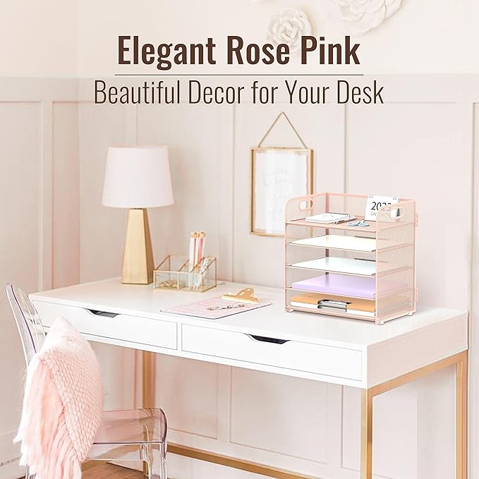 2 Pack 5-Tier Pink Desk Organizer with Handle Mesh Desk File/Paper Organizer Letter Tray for Office, School, Classroom and Home Easy Installation - Image 2
