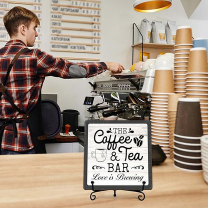 Coffee Bar Sign, Love is Brewing Farmhouse Tabletop Decor, Coffee and Tea Lover Gifts, 5x5 Wood Plaque with Iron Stand for Home Kitchen Cafe, Coffee Bar Decor – L08 - Image 6