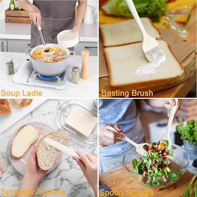 LIANYU 15 Pcs Cooking Kitchen Utensils Set with Holder, Silicone Kitchen Gadgets with Stainless Steel Handle, Heat Resistant Spatula Tools, Brush Spoon Tong Whisk Ladle Turner for Cookware, White - Image 6