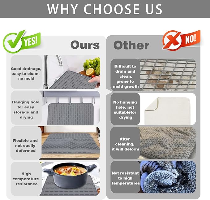 To encounter Silicone Dish Drying Mat - Extral Large 20" x 16" - Set of 2 Flexible Rubber Drying Mat, Heat Resistant Silicone Trivet, Countertop Mat, Dish Draining Mat, Sink Mat - Image 5