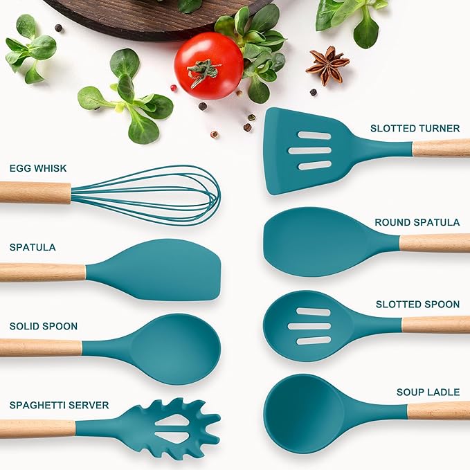Herogo 8 Pcs Non-Stick Silicone Kitchen Utensils Set, Heat-Resistant Food-Grade Cooking Utensils with Wooden Handle, Includes Spatula Spoon Turner Server Whisk Ladle for Baking, Cooking (Navy Blue) - Image 2