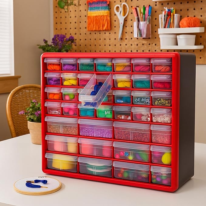 Akro-Mils 44-Drawer Plastic Drawer Storage Cabinet for Garage Organization, Bead Organizer, Building Bricks Storage, Teacher Toolbox, Makeup Organizer, 20" W x 6" D x 16" H, 10144 Red - Image 9