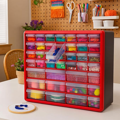 Akro-Mils 44-Drawer Plastic Drawer Storage Cabinet for Garage Organization, Bead Organizer, Building Bricks Storage, Teacher Toolbox, Makeup Organizer, 20" W x 6" D x 16" H, 10144 Red - Image 9