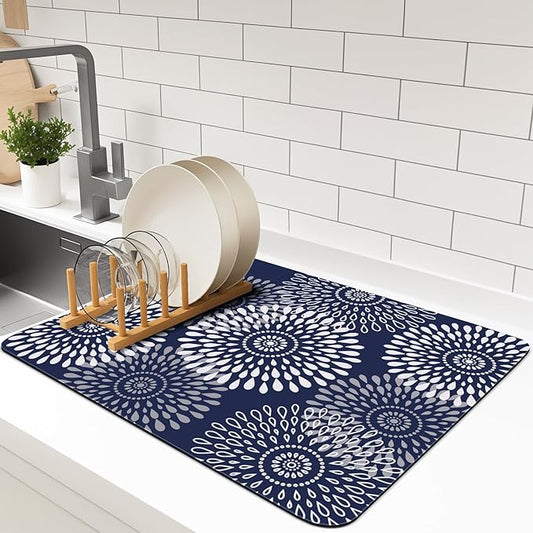 LuxStep Dish Drying Mat Super Absorbent Kitchen Counter Mat Rubber Backing Draining Mat Easy to Clean Kitchen Accessories Dish Rack Pad for Dishes, Utensils, Countertops, Sinks 15" x 18" Blue by LuxStep