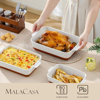 MALACASA Casserole Dishes for Oven with Roasting Racks, Ceramic Baking Dishes Set of 3, Baking Pan Casserole Dish Set, Rectangular Lasagna Pan Deep with Handles for Baking, Khaki White (14.5''/13''/10.5''), Series TARA - Image 3
