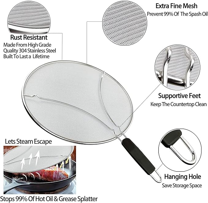 Large Splatter Screen for Frying Pan, 15 Inch Stainless Steel Grease Splatter Guard, Mesh Frying Screen Keeps Kitchen Clean and Protects Skin From Burns - Image 2