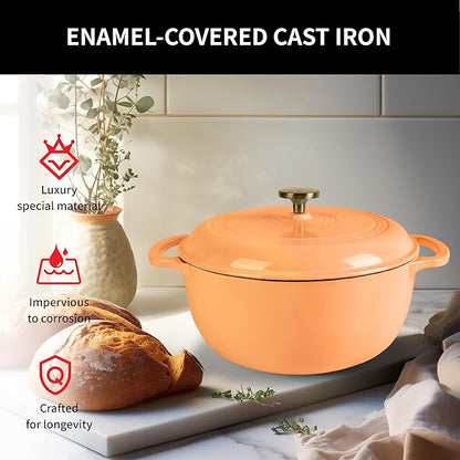 Premium Enameled Cast Iron Dutch Oven for Bread Baking | Non-Stick 5.5QT Oval Bread Oven with Lid | Perfect for Sourdough, Loaf, and Artisan Baking (Round Orange, 5.5 QT)