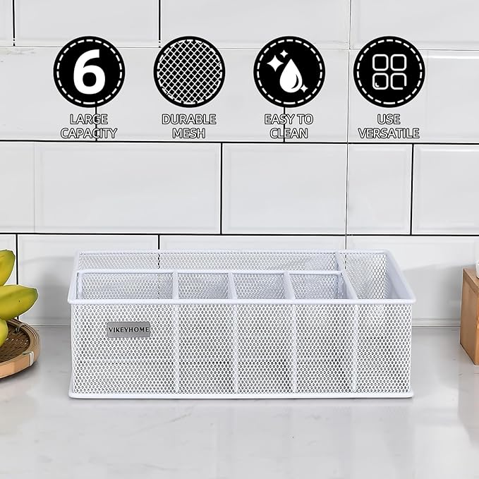VIKEYHOME Paper Plate Organizer, Metal Silverware Caddy with 6 Compartments for Knives, Spoons, Cups, Forks, Napkins, Utensil Holder for Party, Camping, Picnic, White - Image 3