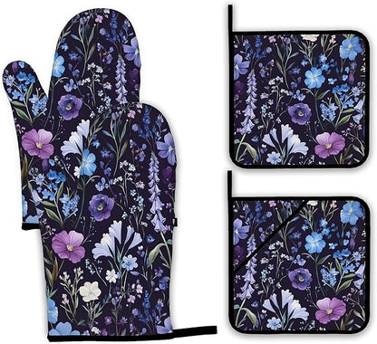 Wildflowers Oven Mitts and Pot Holders,Vintage Garden Herb Flower Heat Resistant Oven Mitts Gloves and Pot Holder for Home Kitchen Decorations Cooking Baking BBQ Gifts,Set of 4