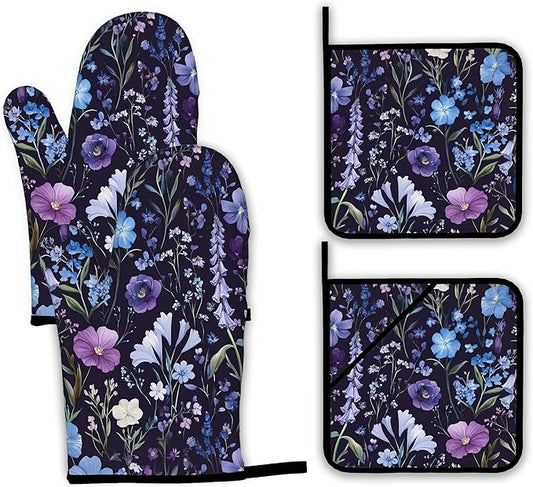 Wildflowers Oven Mitts and Pot Holders,Vintage Garden Herb Flower Heat Resistant Oven Mitts Gloves and Pot Holder for Home Kitchen Decorations Cooking Baking BBQ Gifts,Set of 4