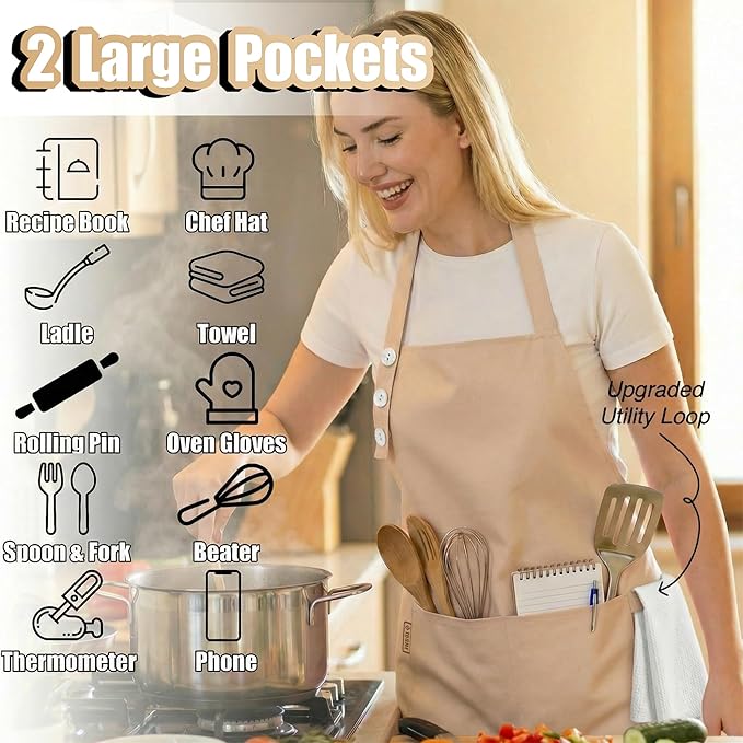 TOSHE Kitchen Apron Waterdrop Resistant Cotton Apron with adjustable Aprons for Women with Pockets 10 Color option Cooking Beige Apron(Beige) - Image 2
