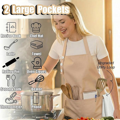 TOSHE Kitchen Apron Waterdrop Resistant Cotton Apron with adjustable Aprons for Women with Pockets 10 Color option Cooking Beige Apron(Beige) - Image 2