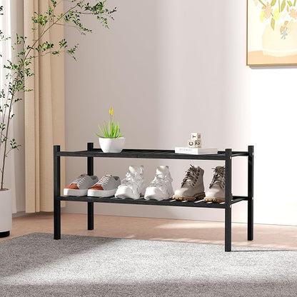 ROMGUAR CRAFT 2 Tier Bamboo Shoe Rack for Closet Free Standing Wood Shoe Shelf for Entryway Small Space Stackable 27"x11"x13" (Black) - Image 2