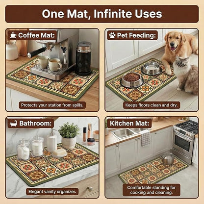Boho Dish Drying Mat for Kitchen Counter - Super Absorbent Faux Leather Kitchen Mat, Quick Dry & Non-Slip Countertop Protector, Aesthetic Bohemian Decor for Coffee Bar (12"x19", Green)