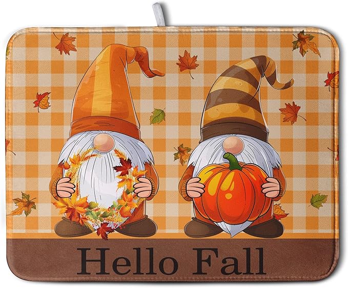 Hello Fall Autumn Gnomes Dish Drying Mat 18x24 Thanksgiving Pumpkin Maple Leaves Harvest Kitchen Drying Mat Orange White Buffalo Plaid Dish Drainer Mat Ultra Absorbent Dish Rack Pad for Coffee Bar by Kwlegh