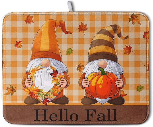 Hello Fall Autumn Gnomes Dish Drying Mat 16x18 Thanksgiving Pumpkin Maple Leaves Harvest Kitchen Drying Mat Orange White Buffalo Plaid Dish Drainer Mat Ultra Absorbent Dish Rack Pad for Coffee Bar by Kwlegh