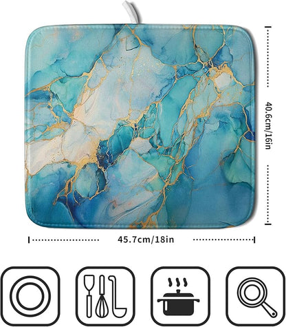 Marble Print Dish Drying Mat for Kitchen Counter,Blue Teal Turquoise Gold Drying Mat 16 x 18 Inch with Absorbent Reversible Microfiber Drying Pad for Coffee Bar - Image 2