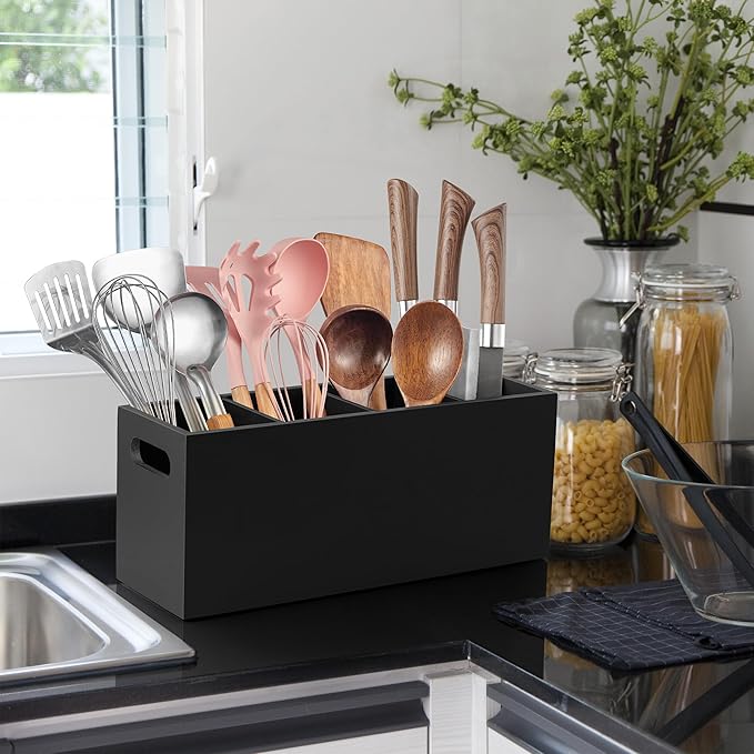 ALELION Large Utensil Holder with Removable Divider - 4 Compartment Wooden Utensil Caddy Organizer for Kitchen Counter - Black Cooking Utensil Crock for Countertop - Image 3