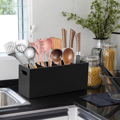 ALELION Large Utensil Holder with Removable Divider - 4 Compartment Wooden Utensil Caddy Organizer for Kitchen Counter - Black Cooking Utensil Crock for Countertop - Image 3