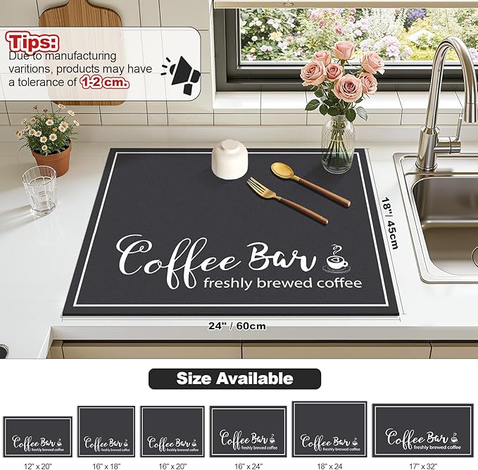 Findosom Dish Drying Mat, 18" x 24" Super Absorbent & Hide Stain Coffee Mat, Cuttable Drying Mat for Kitchen Counter, Coffee Bar Accessories, Under Dish Rack, Coffee Maker, Espresso Machine, Black - Image 2