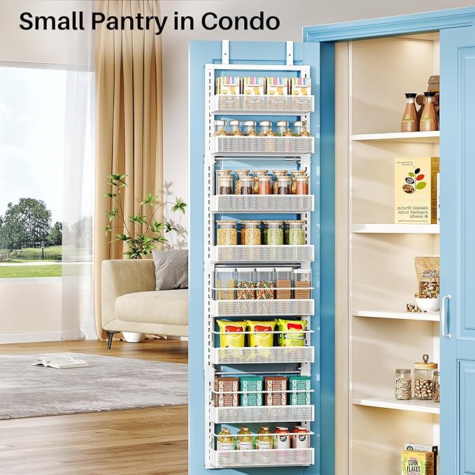 8 Tiers Over the Door Organizer - Height Adjustable Pantry Organizers and Storage with Dense Mesh Baskets, Anti-Swing Hanging Door Spice Rack for Kitchen Bathroom (White, 12.3"W x 4.7"D x 69"H) - Image 3