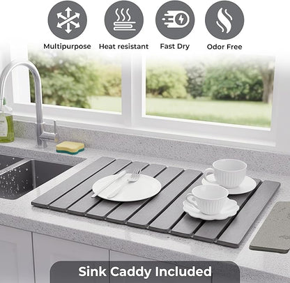 Large Stone Dish Drying Mat for Kitchen Counter, Quick Dry Stone Dishes Mats, Stones Drying Mat for Kitchen Counter, Water Absorbing Diatomaceous Drying Mat (Light Gray 24"×16" & 8"x4")