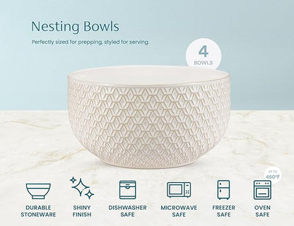 KooK Ceramic Mixing Bowls, Nesting Set of 4, Embossed Kitchen Dishware, Prep, Serving, Gift, Microwave and Dishwasher Safe, 20/44/98/145 oz, Narbonne Collection (Ivory) - Image 6