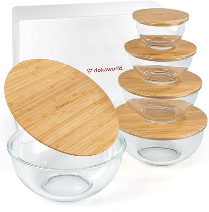 Stackable Space-Saving Set of 5 Nesting Glass Bowls with Bamboo Lids for Foodprep, Storage, Baking, Mixing & Cooking, Microwave & Oven Safe BPA Free Heat Resistant Inert Borosilicate Glass - Image 9